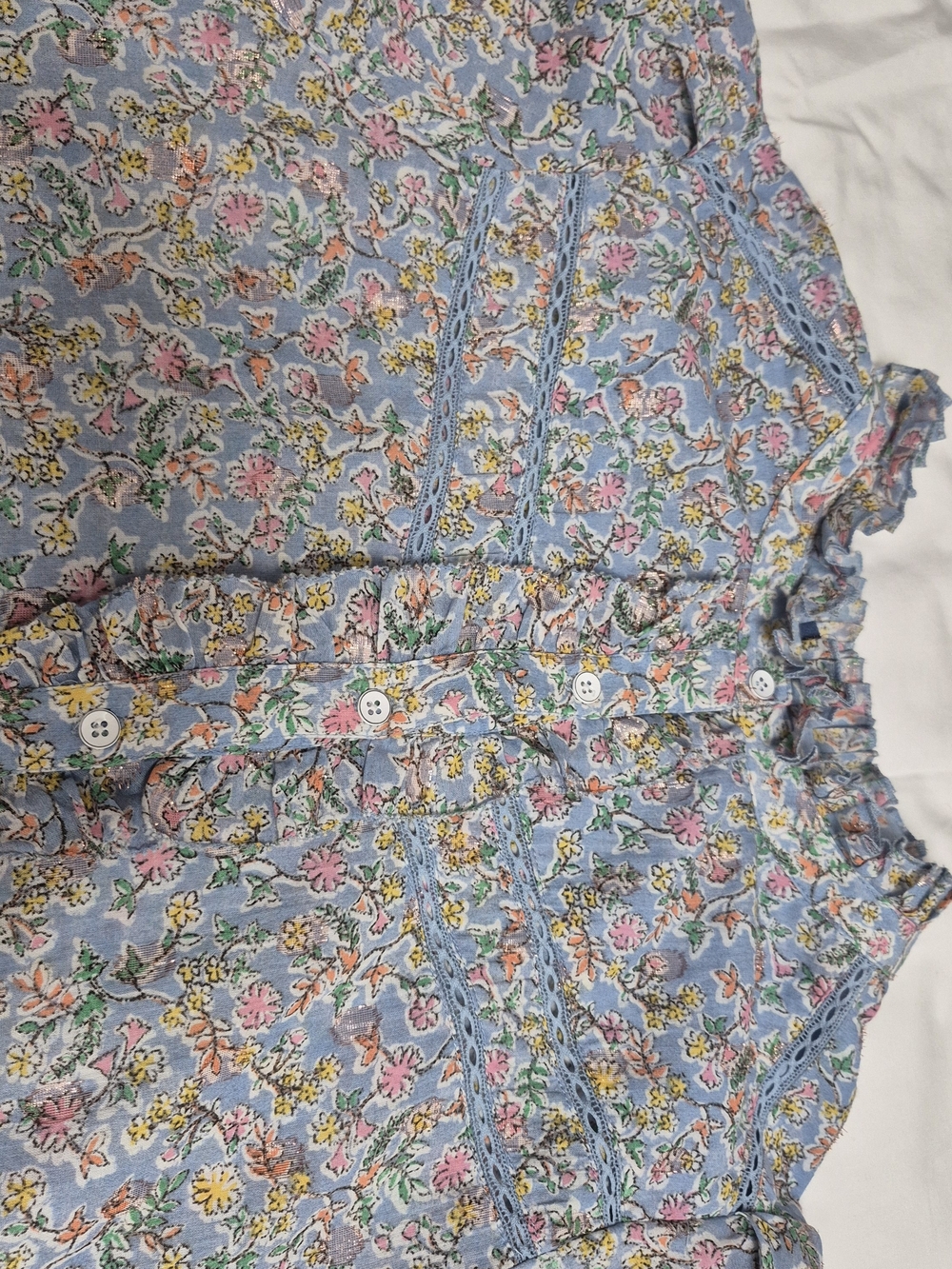 🌸 Democracy Floral Ruffle Button-Front Blouse – Light Blue – Size L - Picture 7 of 13